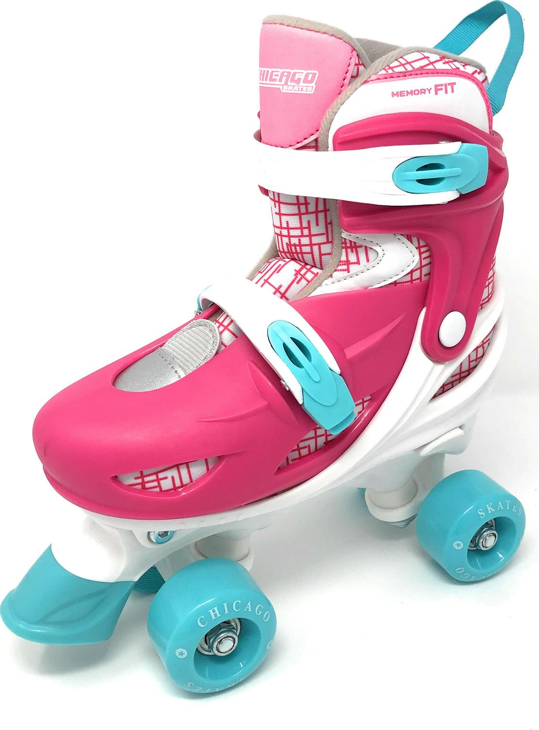 Chicago Skates Adjustable Quad Roller Skate Combo Set Pink/White/Teal a Skates， Helmet， Knee Pads， And Wrist Guards  Size Medium(1-4)