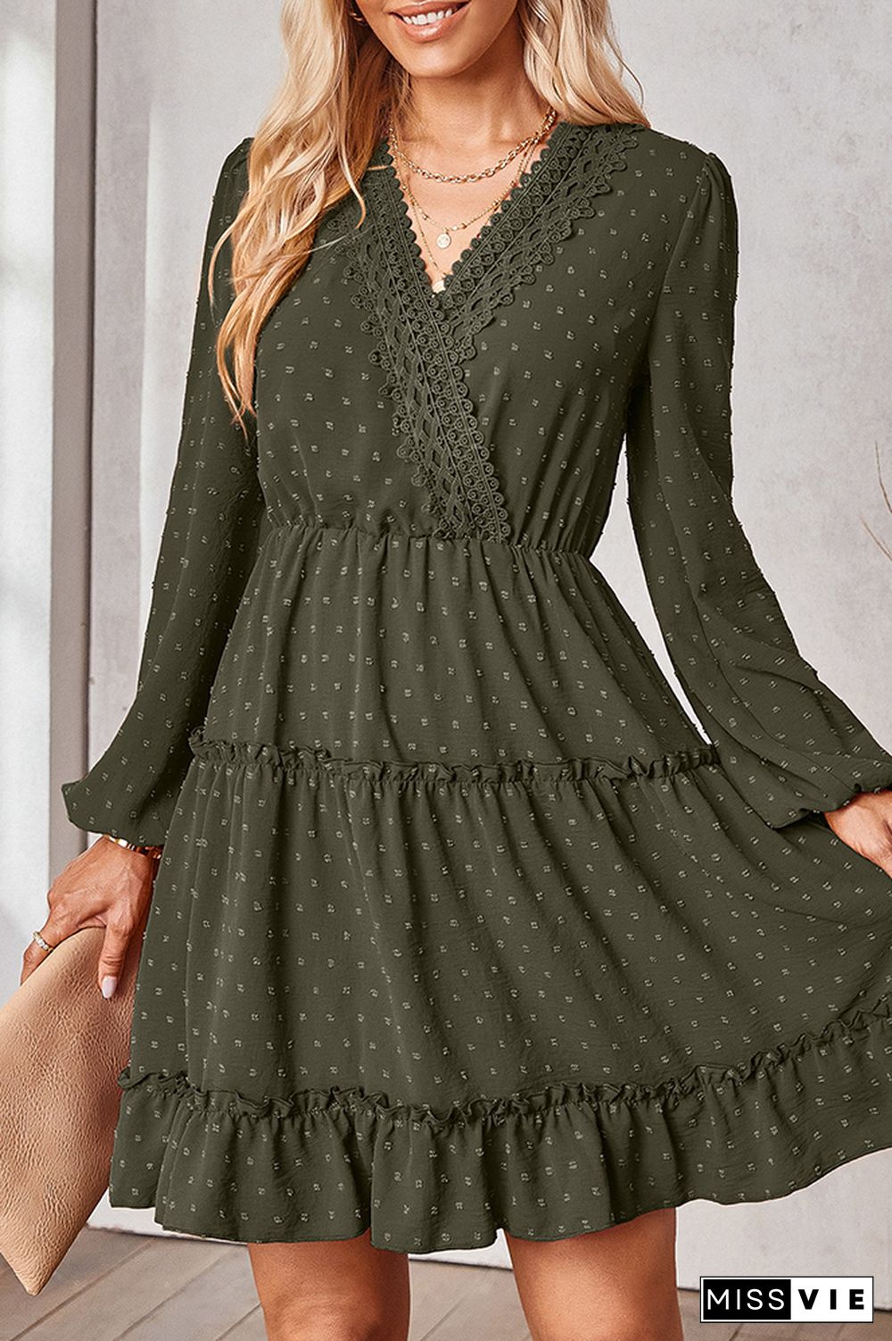 Swiss Dot Lace Crochet Long Sleeve Ruffle Dress