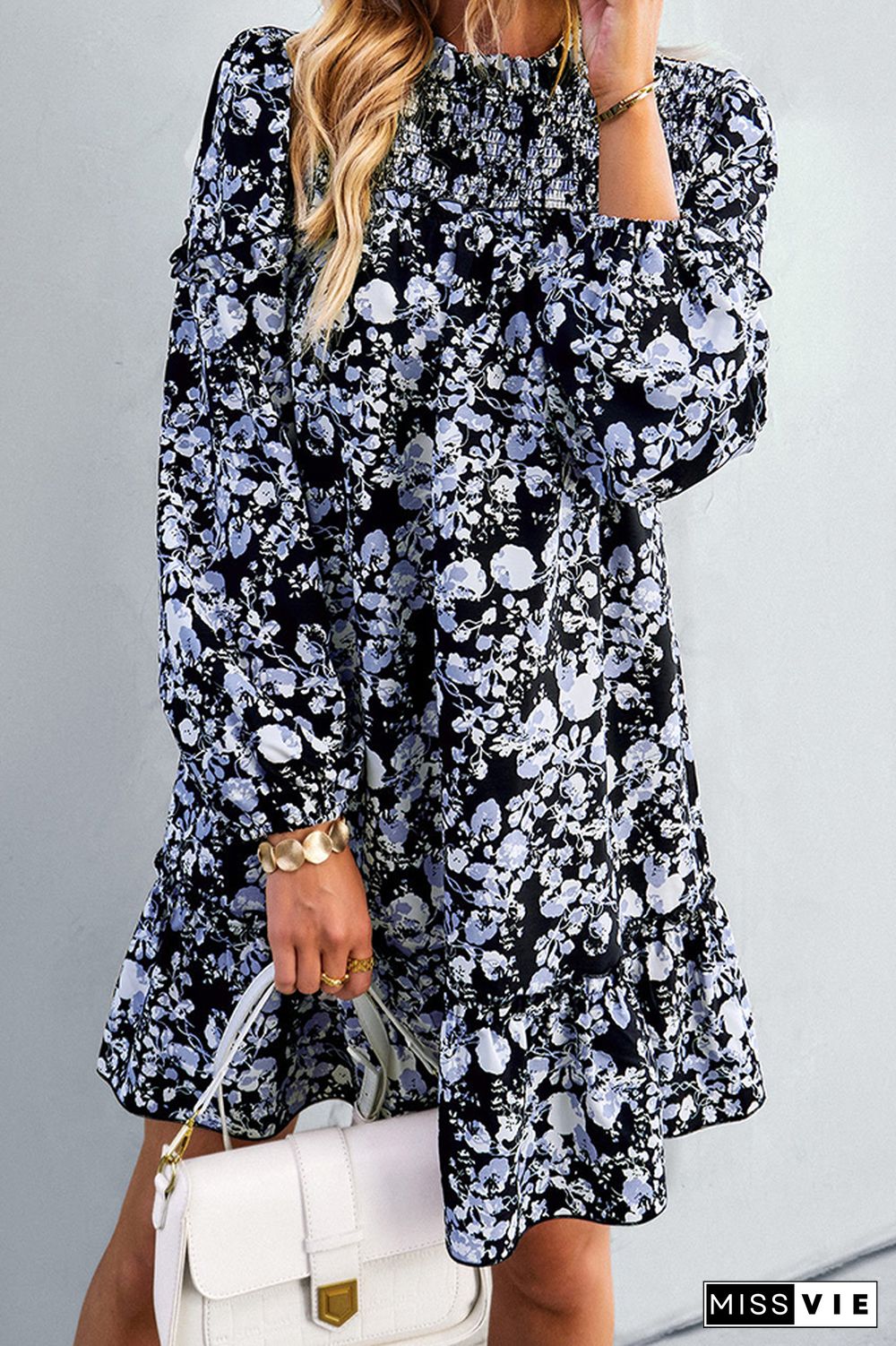 Flower Puff Long Sleeve Smock Dress