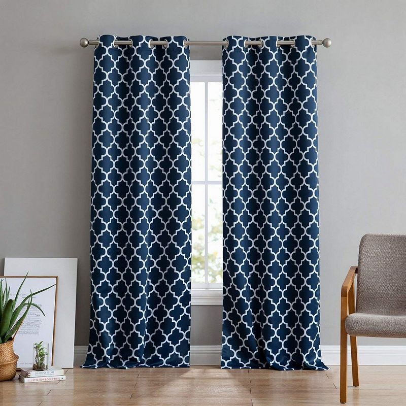 THD Royal Lattice Decorative Blackout Thermal Privacy Room Darkening Grommet Window Drapes Curtain Panels Bedroom - Set of 2