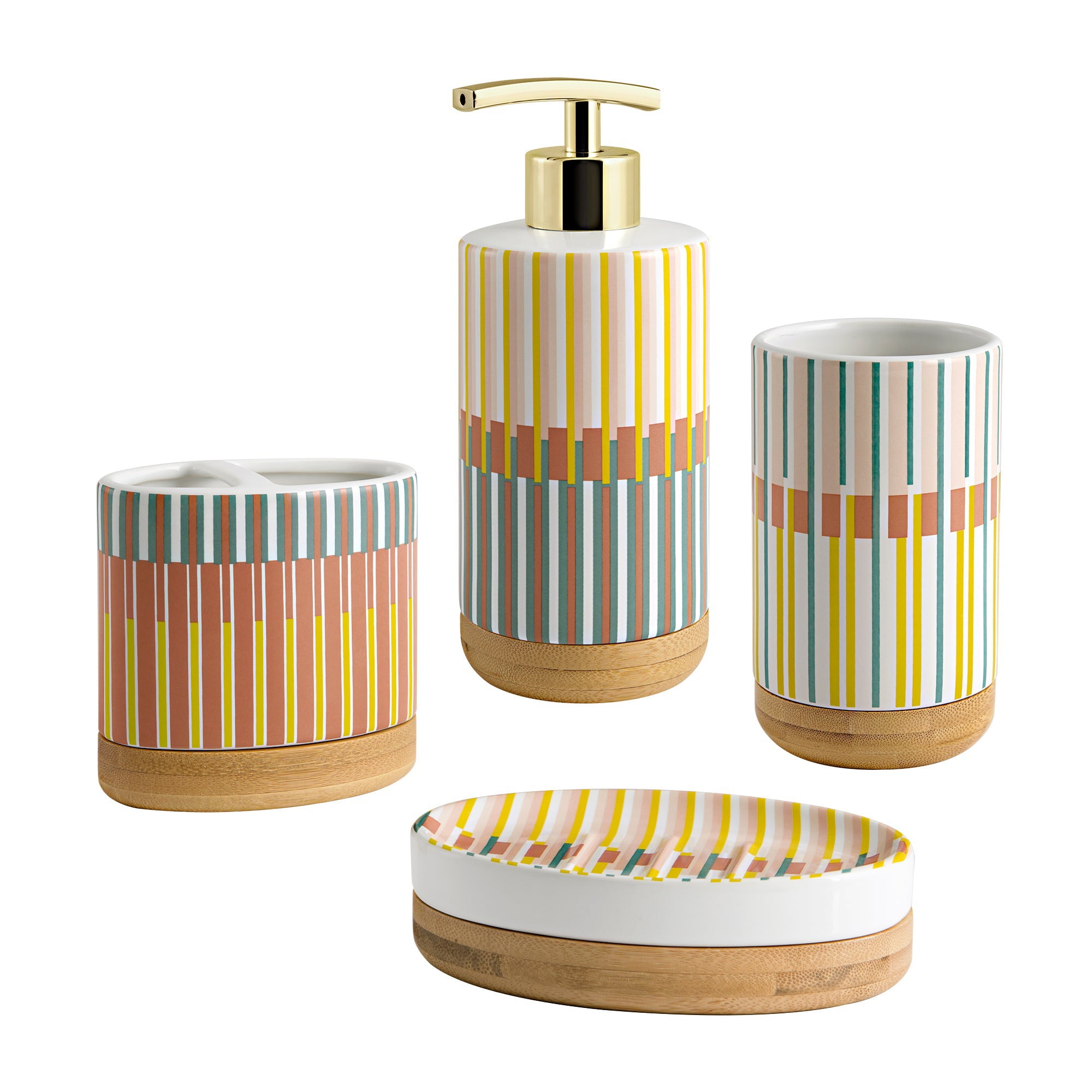 Market Stripe 4-Piece Ceramic with Bamboo Bath Accessory Set