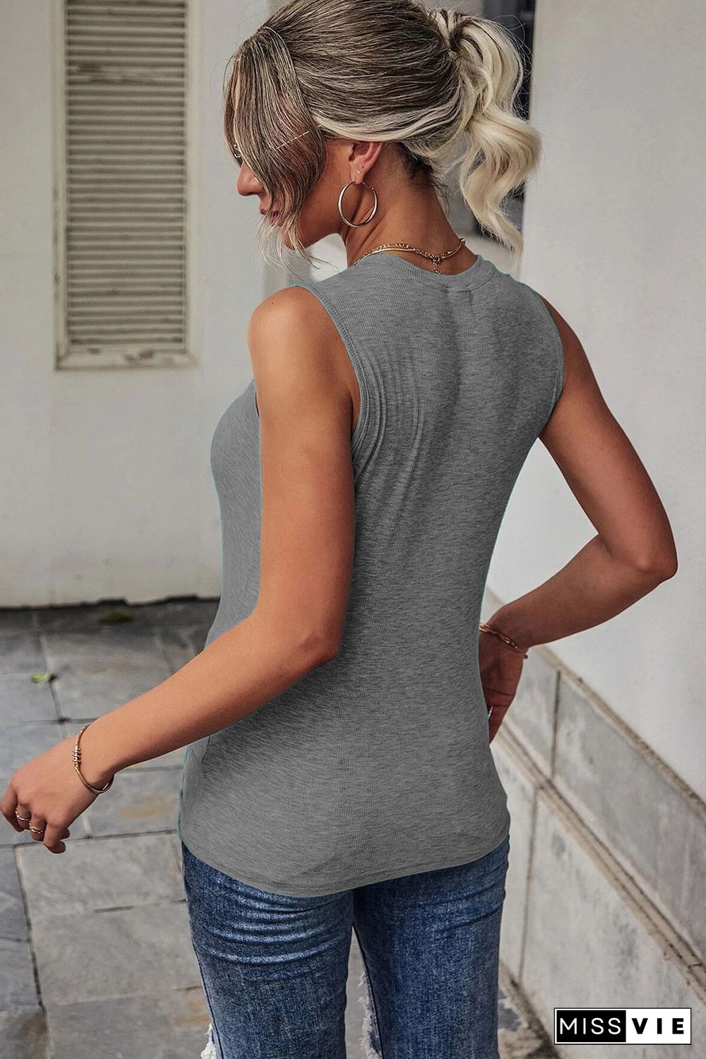 Gray Rib Knit Cut-out Front Twist Tank Top