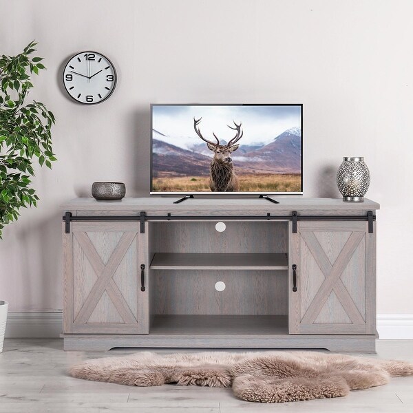 Modern Sliding Barn Door TV Stand with 5 Adjustable Shelves Grey