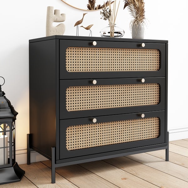 Modern Cannage Rattan Wood Closet 3-Drawer Chest Wood Storage Cabinet - - 37925680
