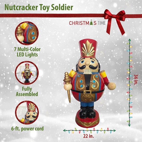 Christmas Time 3Ft. RolyPoly Nutcracker Toy Soldier，Resin Figurine w/ LED Lights，Christmas Decor，Red