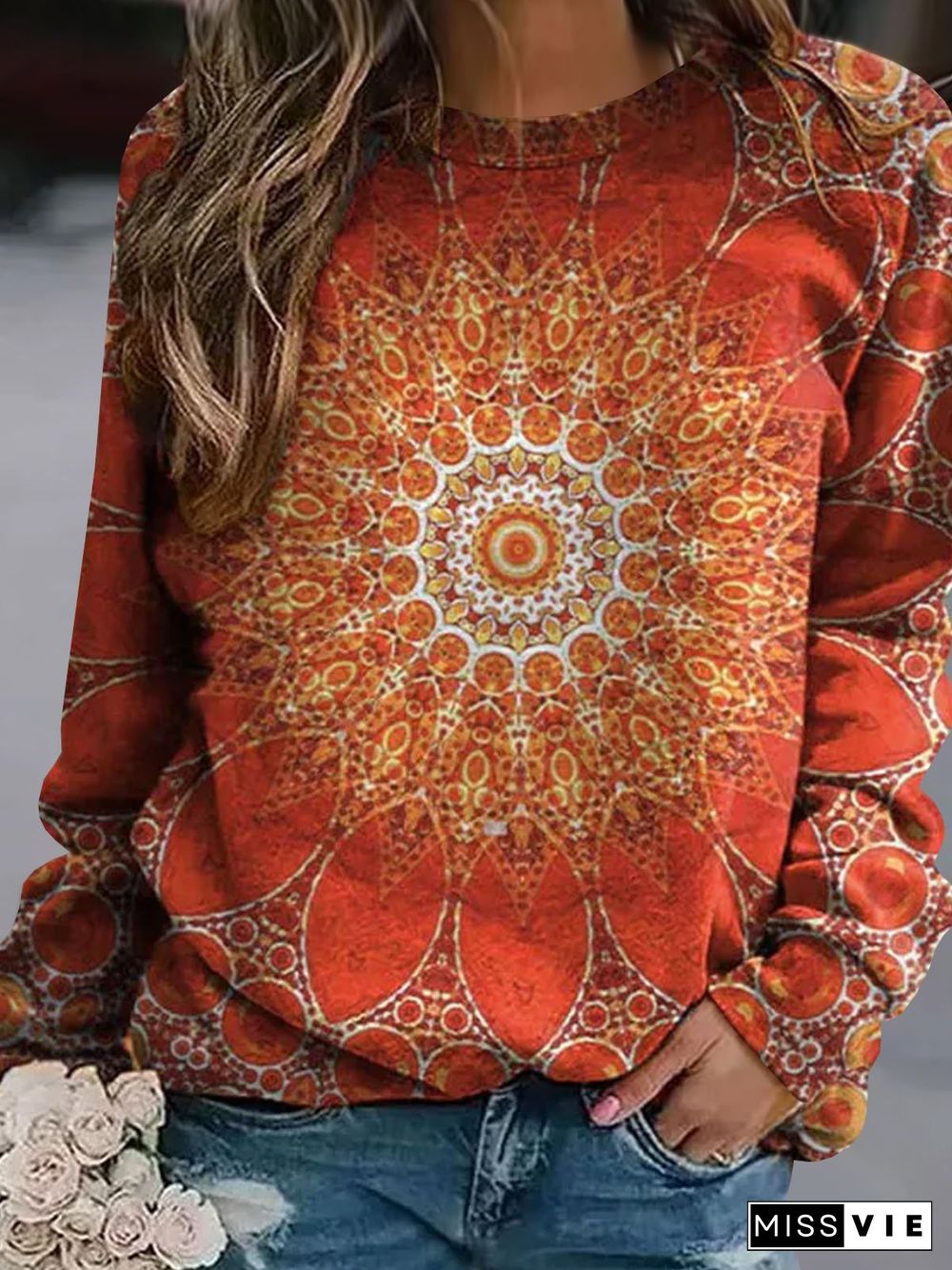 Casual Loose Ethnic Prited Plus Size Sweatshirts