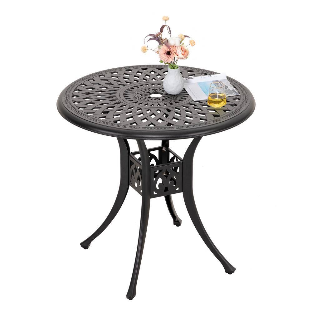 Nuu Garden 30 in Black Round Aluminum Outdoor Bistro Round Aluminum Patio Table with Umbrella Hole in Black