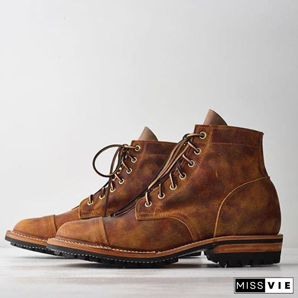 Men's Vintage Old Lace-Up Patchwork Low Square Heel Combat Boots