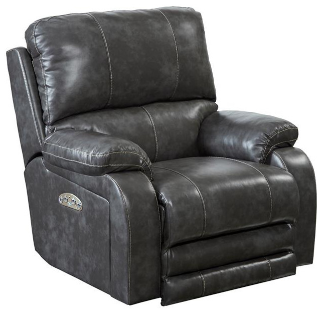 Kealyn Power Lay Flat Recliner with Power Headrest in Gray Faux Leather   Contemporary   Recliner Chairs   by Homesquare  Houzz