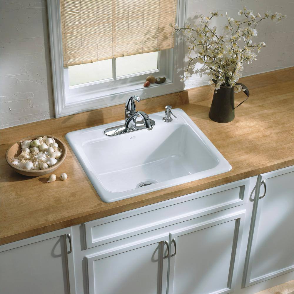 KOHLER Mayfield Drop-In Cast Iron 25 in. 4-Hole Single Bowl Kitchen Sink in White K-RH5964-4-0