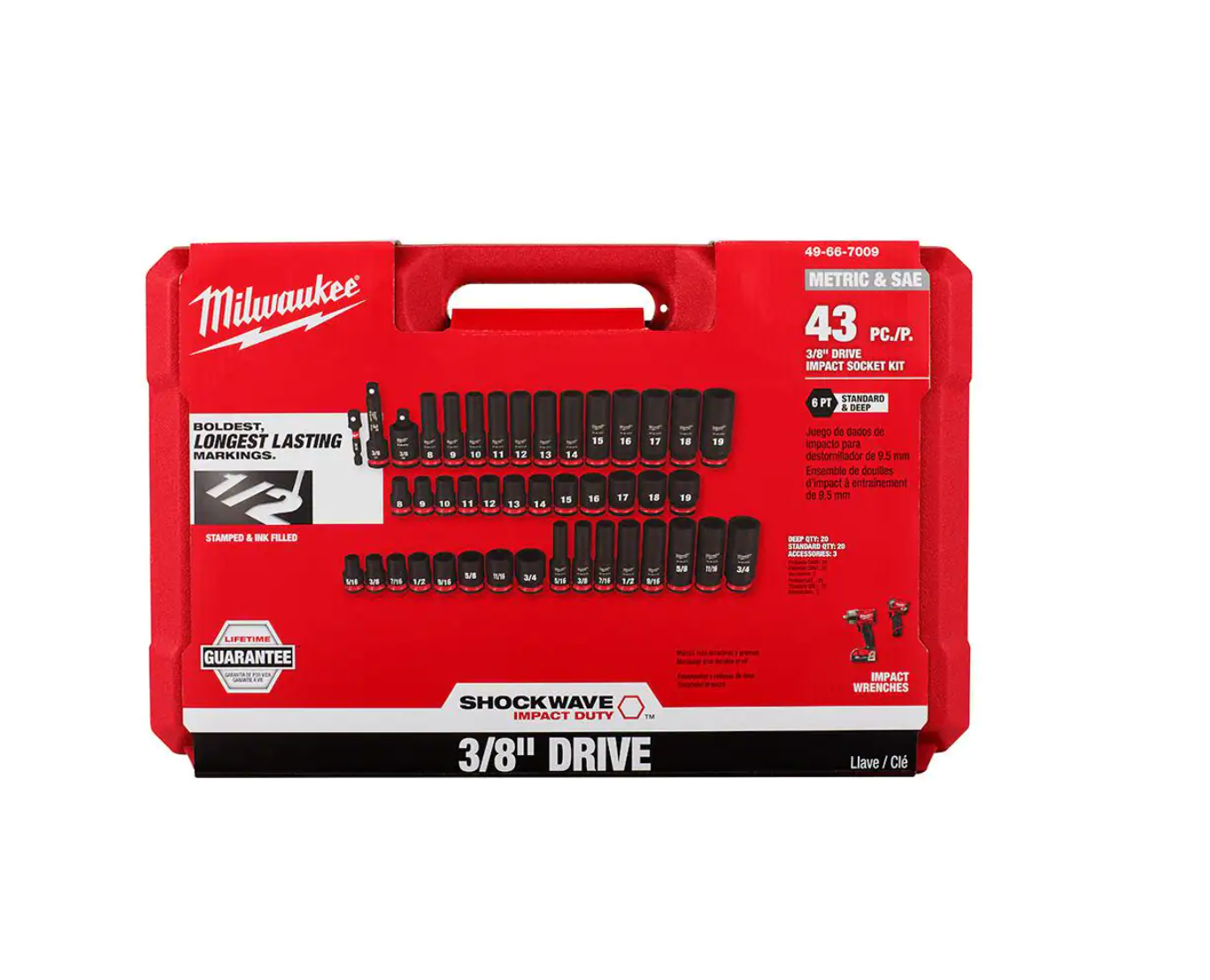 Milwaukee 2554-22-49-66-7009 M12 FUEL 12V Brushless Cordless Stubby 3/8 in. Impact Wrench Kit with 3/8 in. Drive SAE/Metric Socket Set (43-Piece)