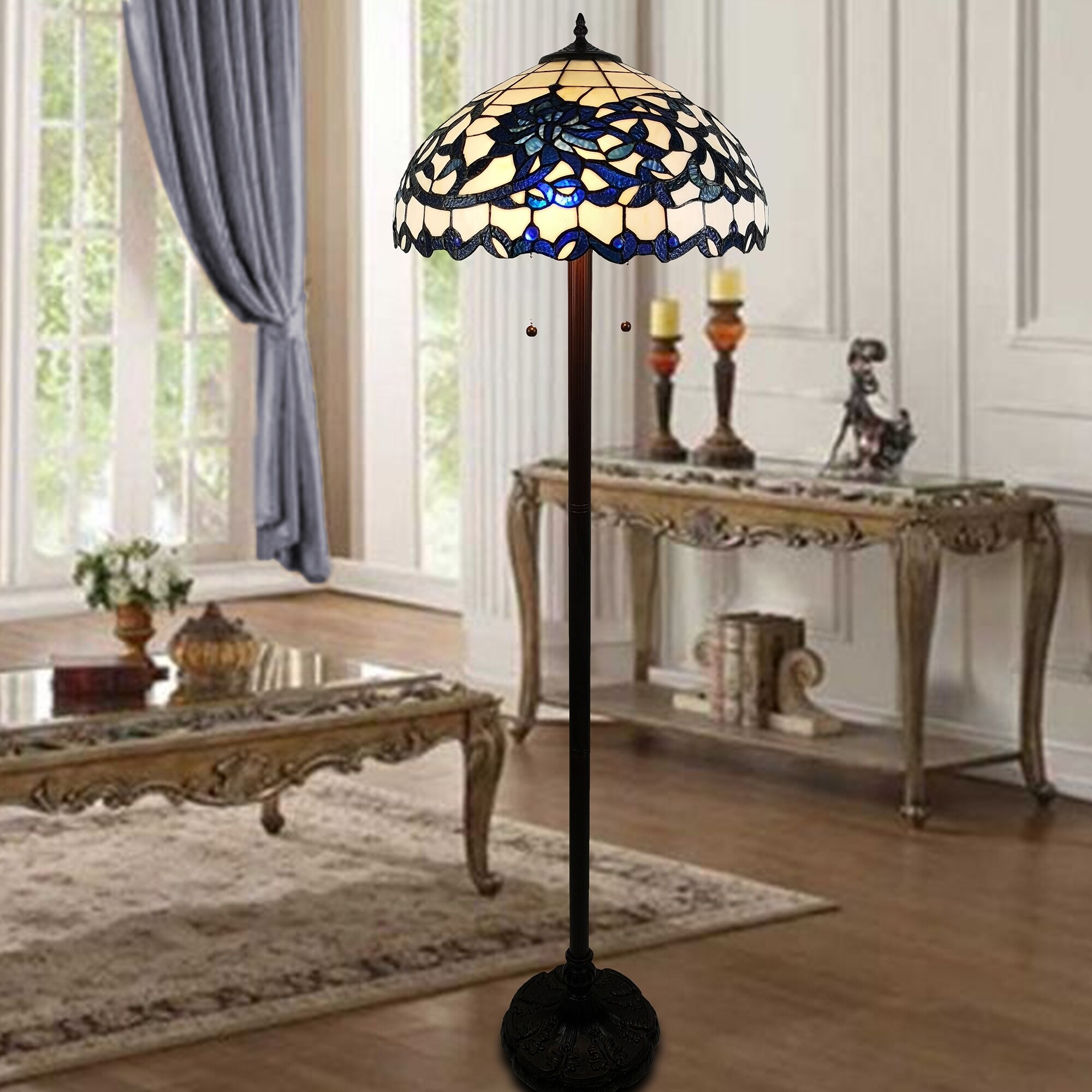 Rexi 18-inch Blue/White Flower Design Glass/Bronze -Style Floor Lamp