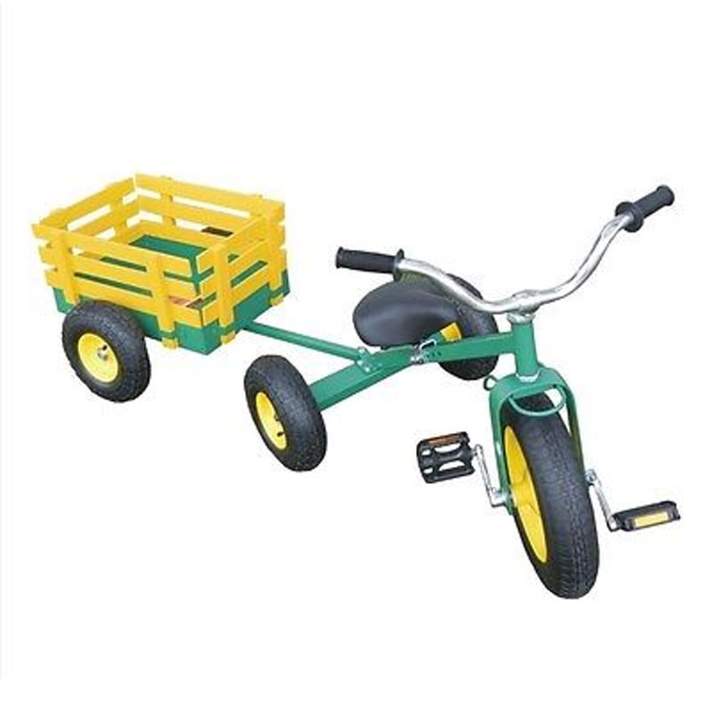 Classic Tricycle with Wagon Set Pull Along Trike Toy Outdoors Kids Exercise All Terrain Cart Green