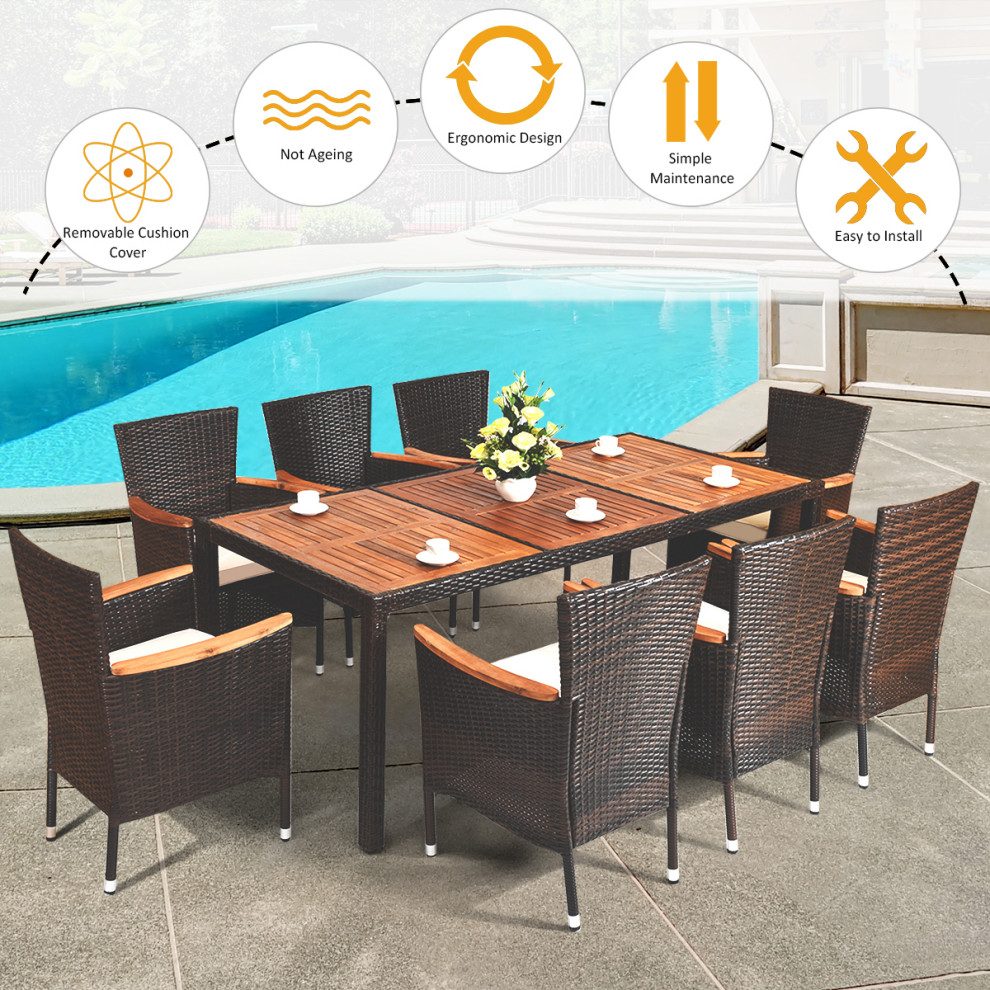 9PCS Patio Rattan Dining Set  8 Chairs Cushioned Acacia Table Top   Tropical   Outdoor Dining Sets   by Costway INC.  Houzz