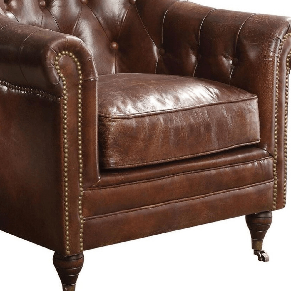 34 quotTop Grain Leather And Brown Tufted Chesterfield Chair   Armchairs And Accent Chairs   by HomeRoots  Houzz