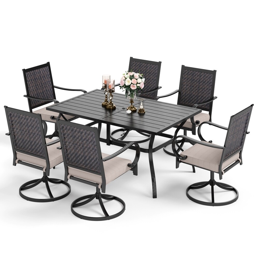 7 piece Patio Dining Set  6 Rattan Chairs with Cushion and 1 Metal Table with Umbrella Hole