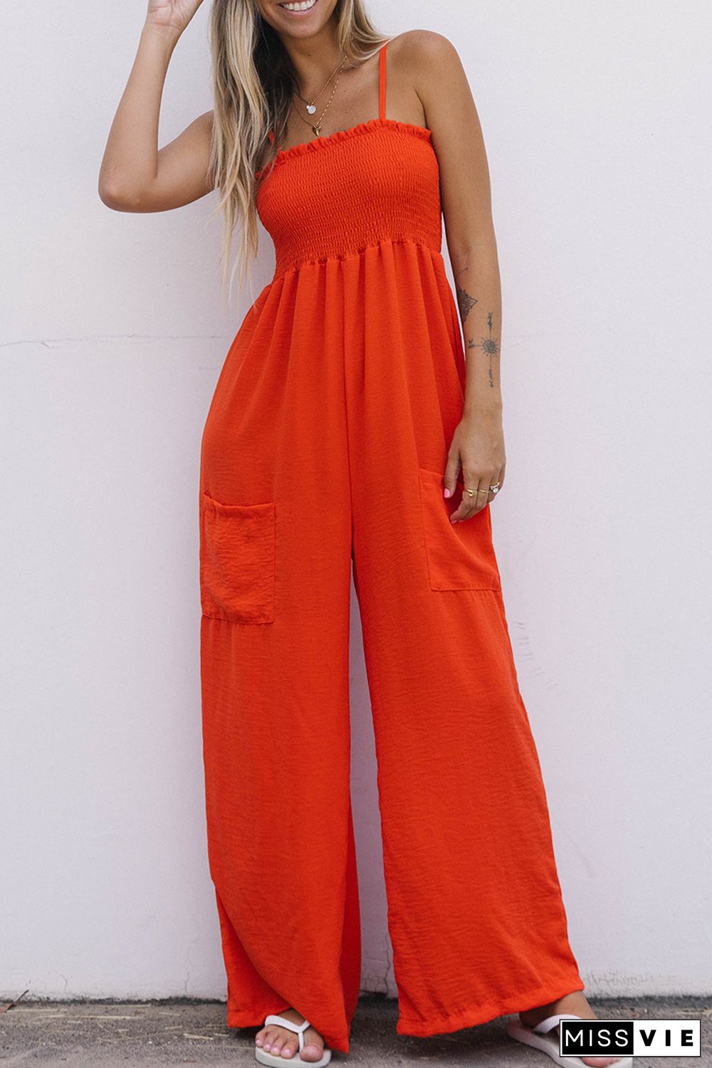 Smocked Spaghetti Straps Wide Leg Jumpsuit