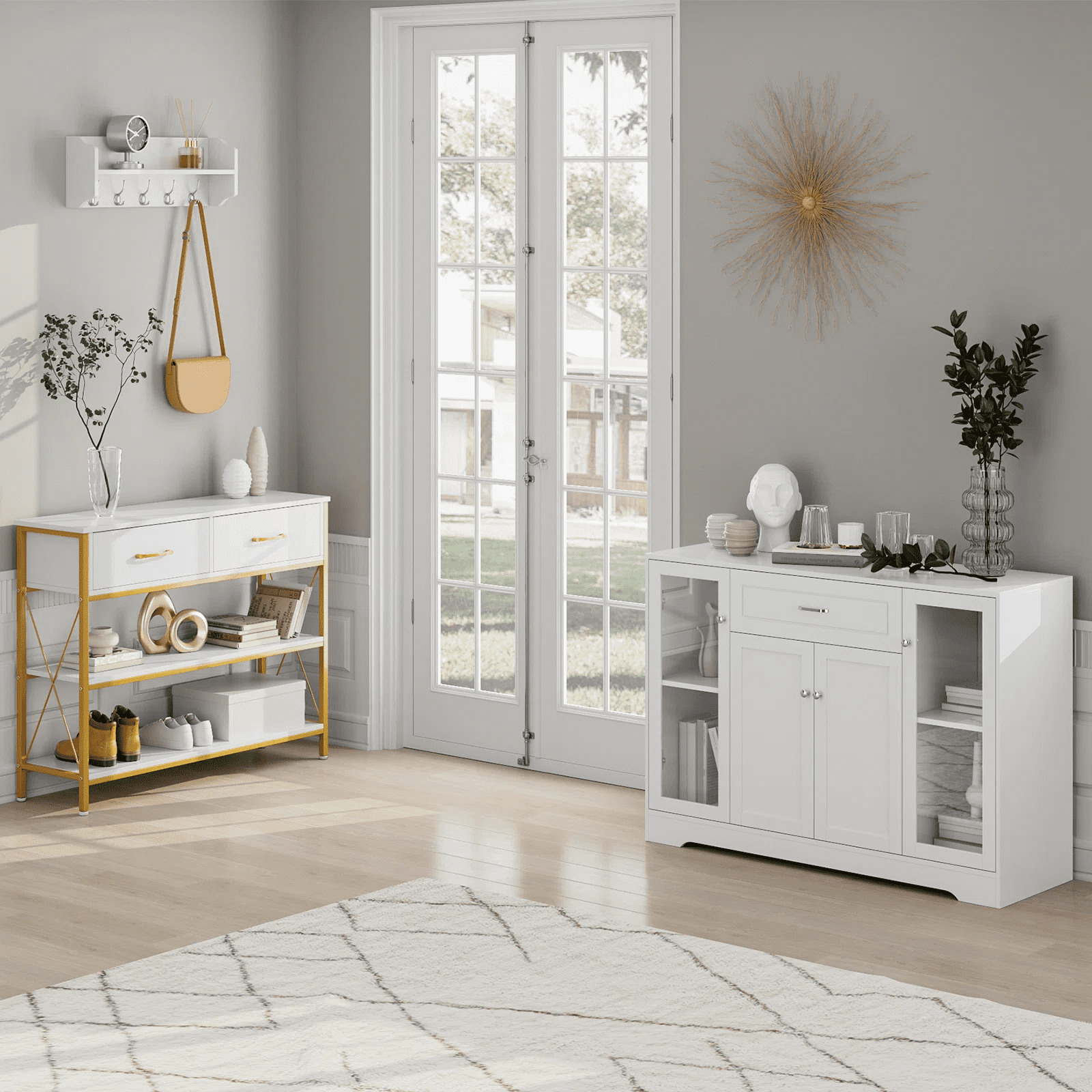 Homfa Storage Cabinet with Glass Door, 47.2"W Wooden Cupboard Kitchen Buffet Sideboard with Drawer, White