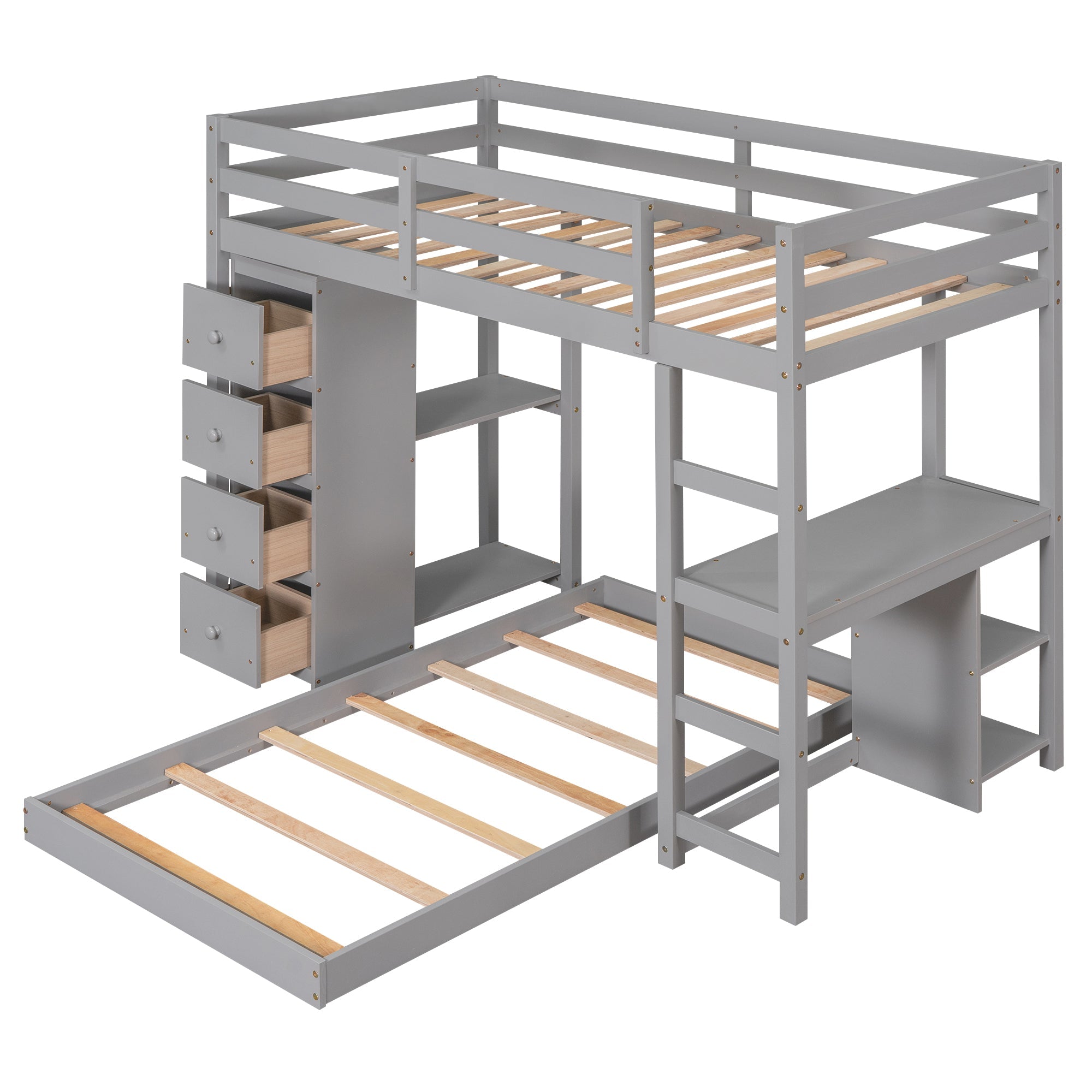 Euroco Twin Over Twin Loft Bed with Four Drawers and Ladder for Kids, Gray