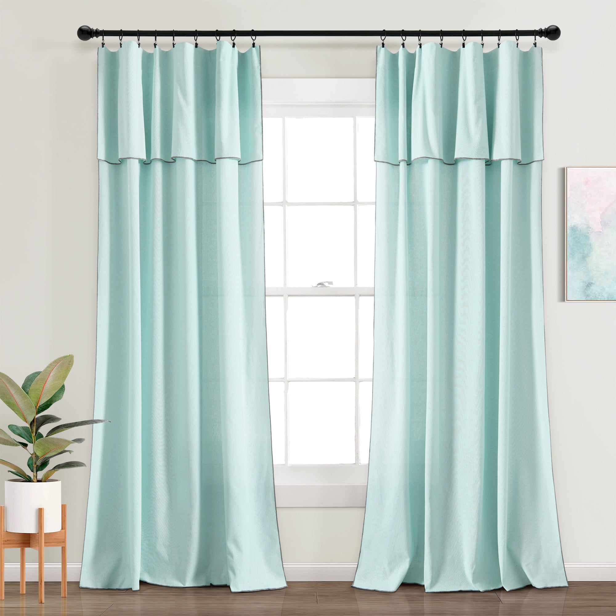 Modern Faux Linen Embroidered Edge With Attached Valance Window Curtain Panel Set