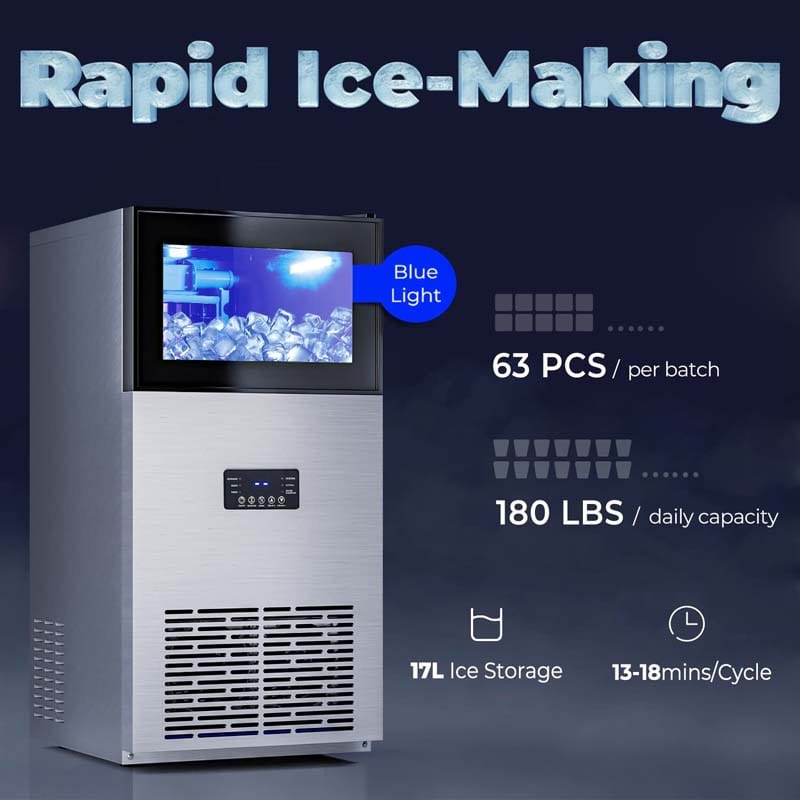 180LBS/24H Commercial Ice Maker with 35LBS Ice Storage Bin, Self-Cleaning Stainless Steel Under Counter Freestanding Ice Machine