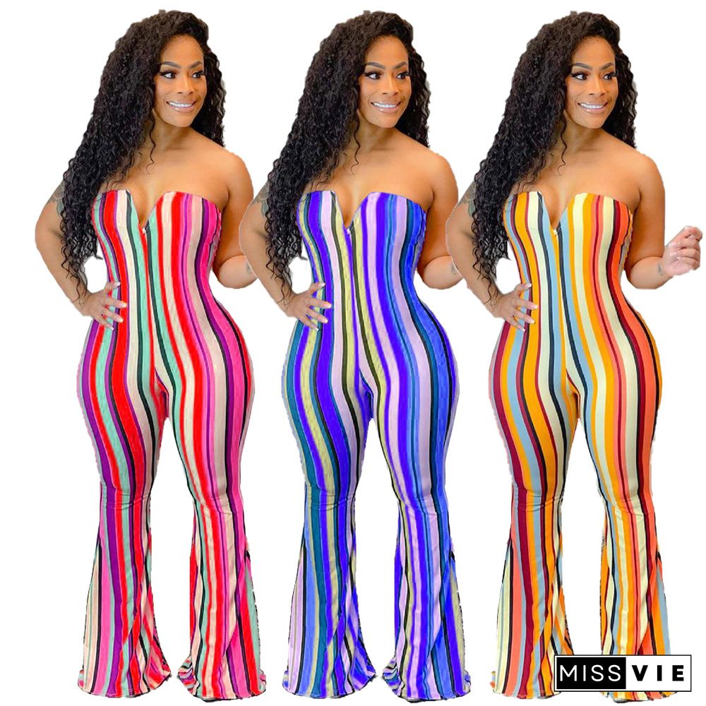 Sexy Print Flared V-Neck Tube Top Jumpsuit