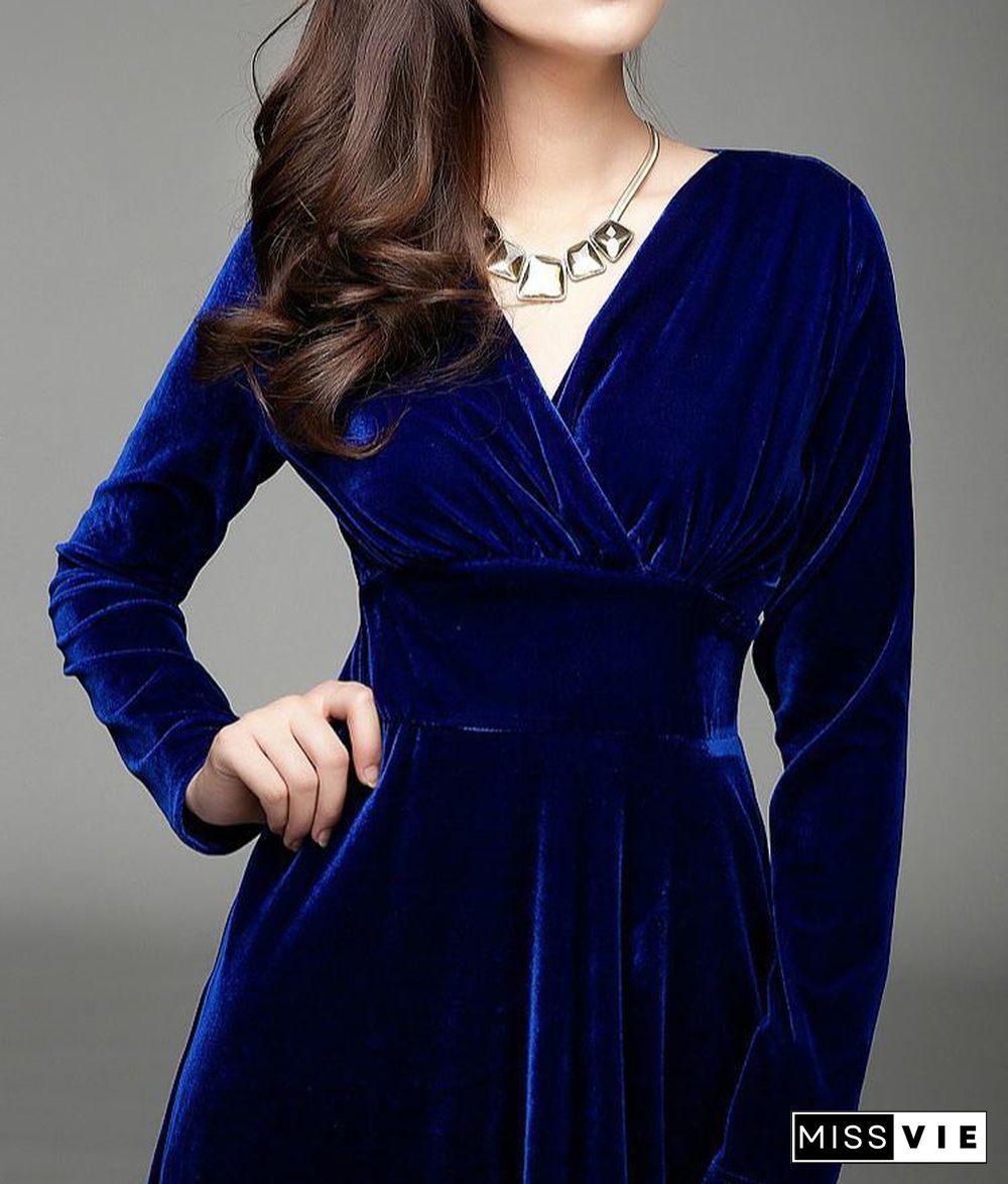 Women's Velvet Plus Size Solid Colored High Waist V Neck Party Dress