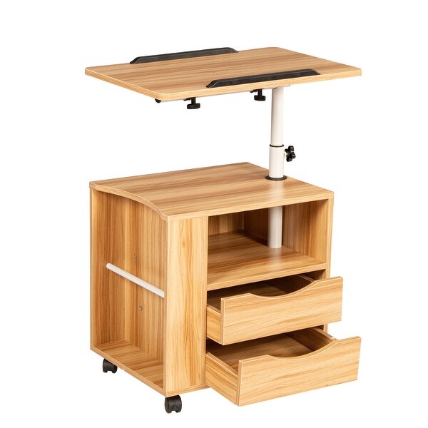 Movable End Table with Height Adjustable Swivel Top and 2 Drawers， Wood End Table with Open Shelf and Q-Type Clip