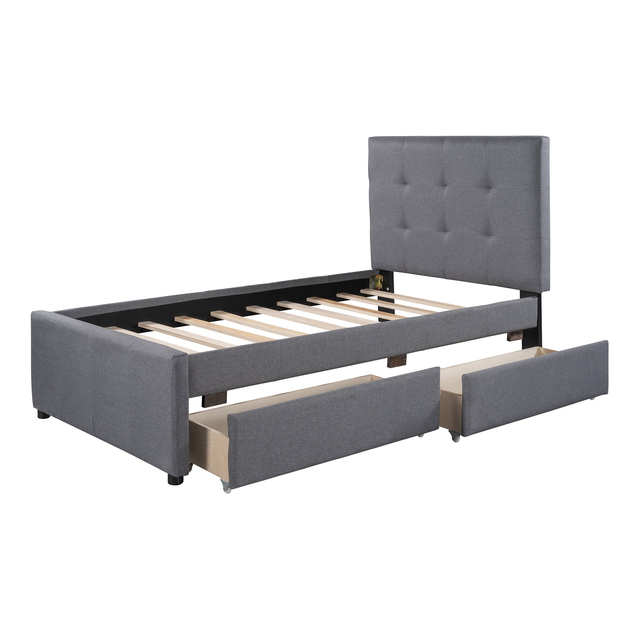 Twin Upholstered Platform Bed with 2 Storage Drawers for Kids, Gray