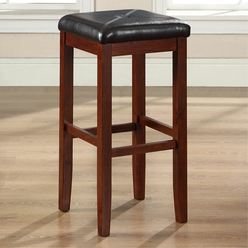 UPHOLSTERED SQUARE SEAT BAR STOOL IN VINTAGE MAHOGANY FINISH WITH 29 INCH SEAT HEIGHT. (SET OF TWO)