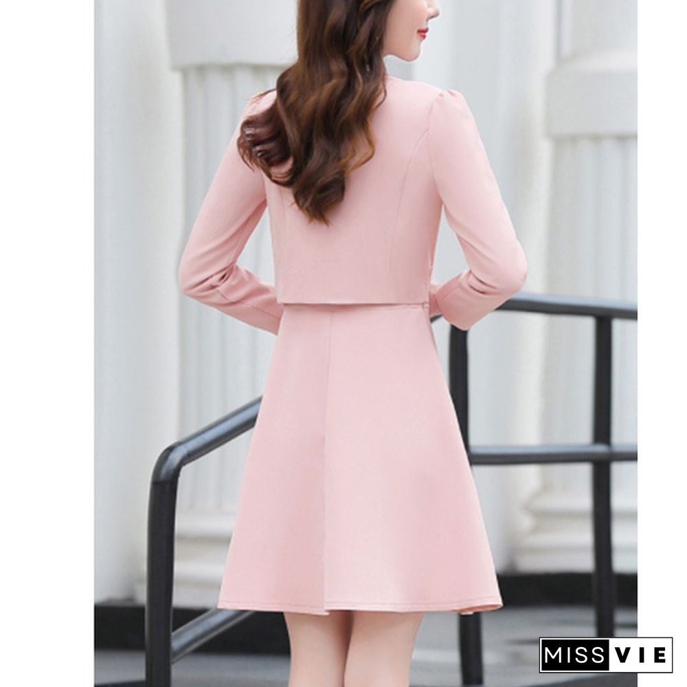 Women Office Wear Long Dress Suits Pink Yellow Green Dresses Suit 2 Pieces Set Outfit Clothes Womens Short Jacket And Dress