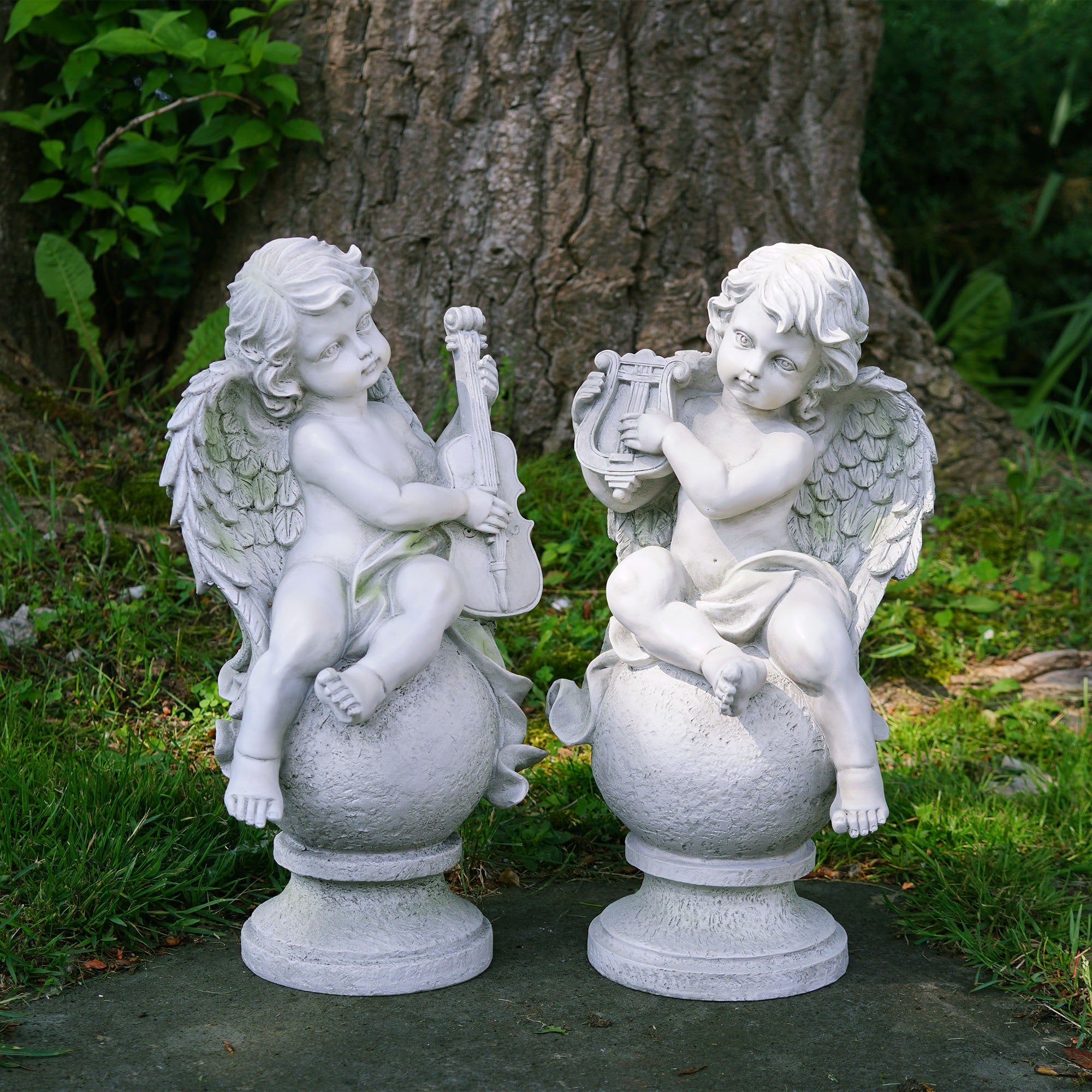 14.75" White Set of 2 Cherub Angels with Instruments Sitting on Finials Outdoor Garden Statues