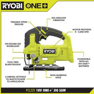 RYOBI ONE+ 18V Cordless Jig Saw with FREE 2.0 Ah Battery PCL525B-PBP006