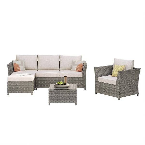 HOOOWOOO Patio Furniture Outdoor 6piece Grey Rattan Sectional Set with Ottoman