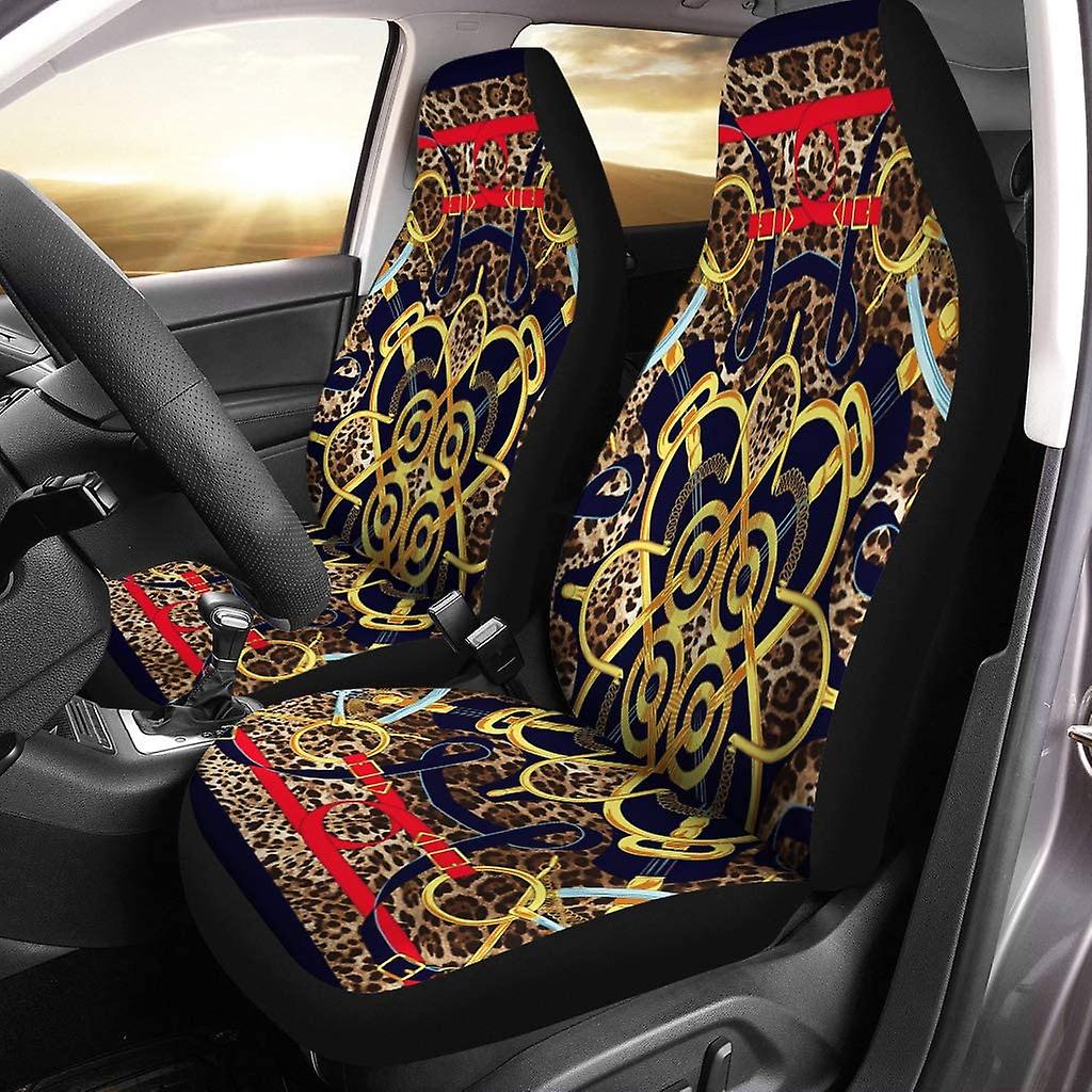Set Of 2 Car Seat Covers Elegant Square Fashion Scarf Gold Chains Red Leopard Universal Auto Front Seats Protector Fits