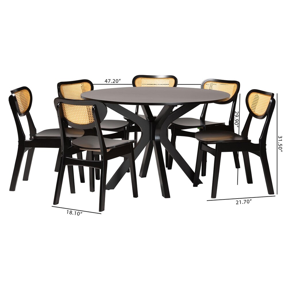 Giuliana Mid Century Modern Wood and Woven Rattan 7 Piece Dining Set