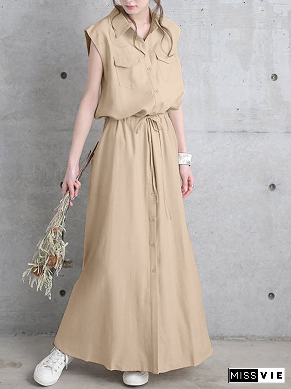 Solid Drawstring Waist Pocket Button Front Maxi Cargo Dress