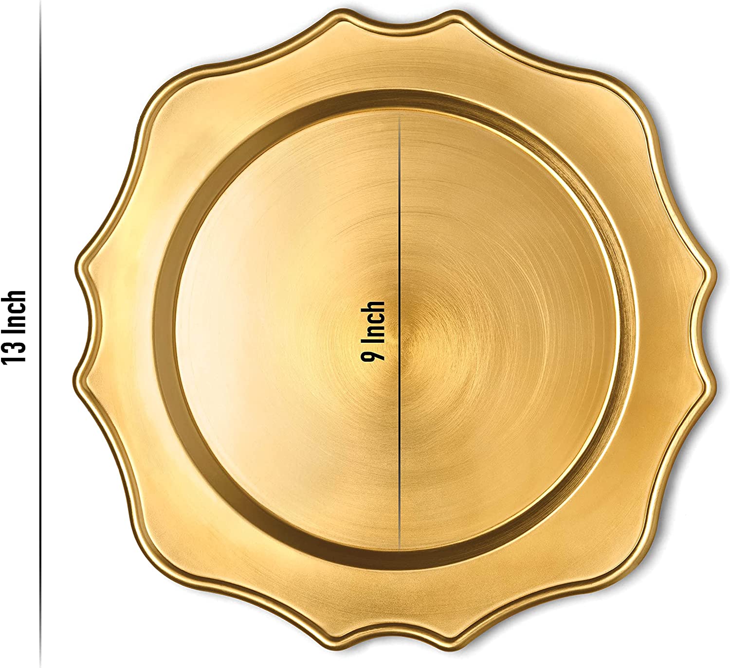 Scalloped Gold Charger Plates， 13” Elegant Chargers， Set of 6， Hand Finished (Finish May Vary) Scalloped Gold Chargers for Dinner Plates and Bowls， Perfect for Weddings， Parties