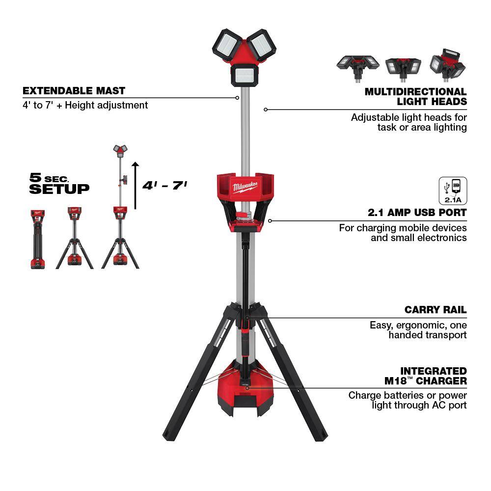 MW M18 18-Volt Lithium-Ion Cordless 6000 Lumens Rocket Dual Power Tower Light with Charger (Tool-Only) 2136-20