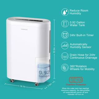 KESNOS 60-Pint . Portable Home Dehumidifier For up to 4500 sq. ft. With Drain and Water Tank Timer With Wheels White HDCX-PD220B-1