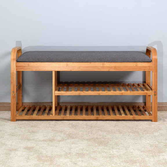 Living Room Bamboo Storage Bench  Entryway 3 Shelv...