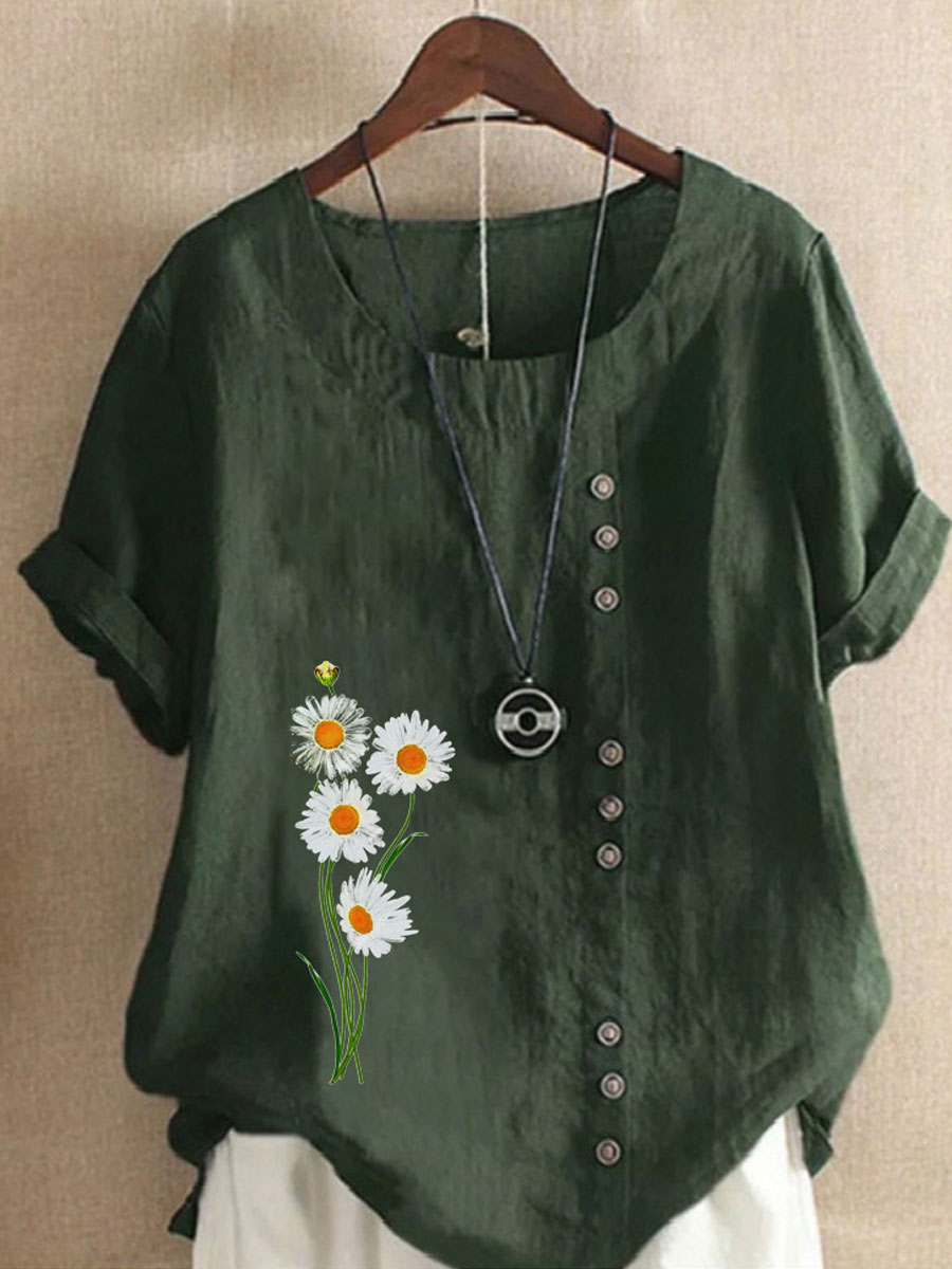 Round Neck Casual Loose Floral Print Short Sleeve Blouse