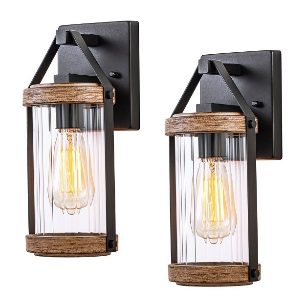 C Cattleya Black And Woodgrain Outdoor Wall Lantern Sconces With Clear Strip Glass Shade 2 pack