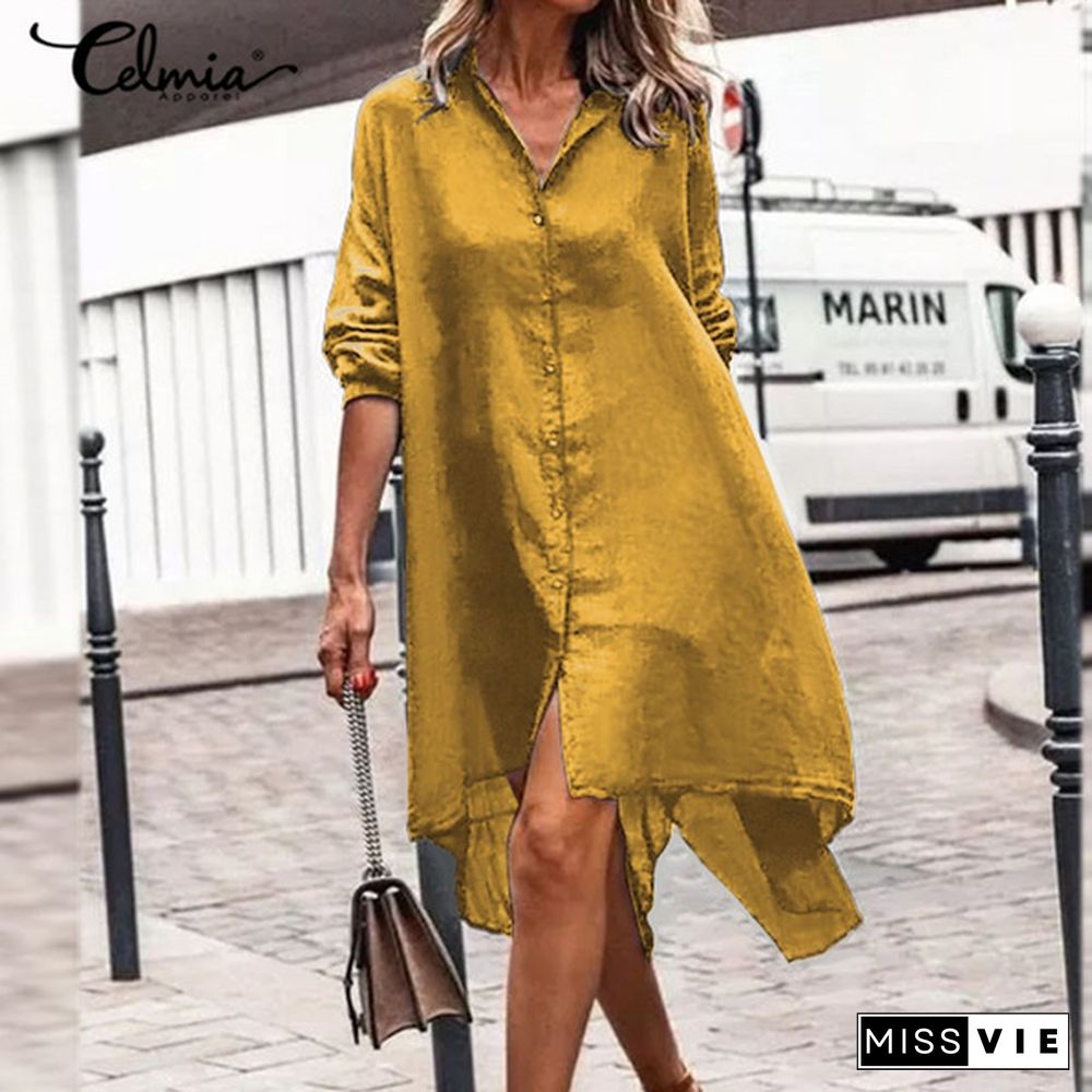 Celmia Women Cotton Long Sleeve Shirt Dress Fashion Irregular Split Hem Party Long Dress Vestidos Plus Size