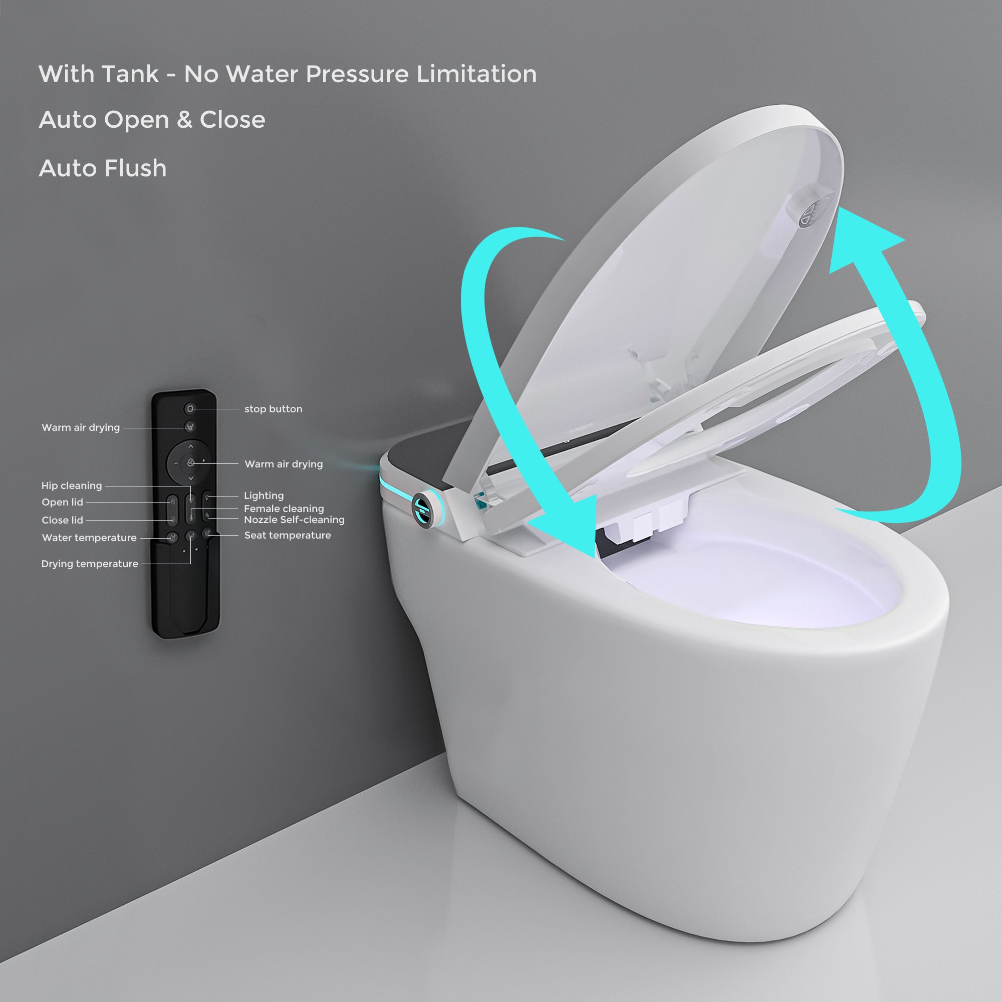 Yulika Smart Toilet, One piece Auto Open/Close Lid Toilet with Auto-Flush, Adjustable Heated Seat,Warm Water and Dry,No water pressure limitation tank