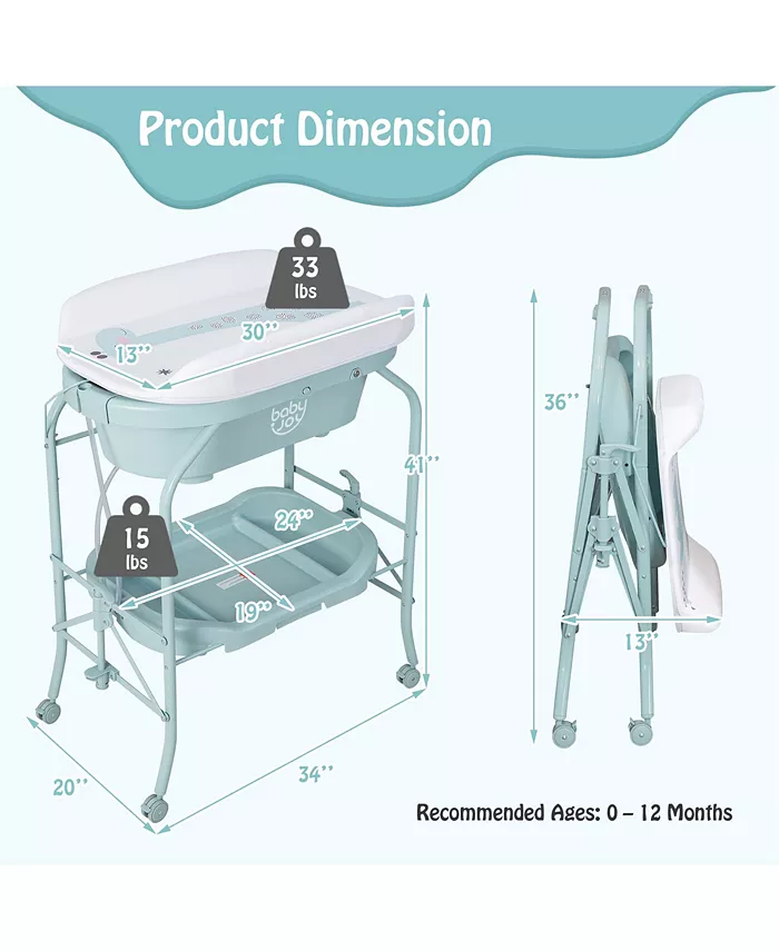 Costway Baby Changing Table with Bathtub， Folding and Portable Diaper Station with Wheels