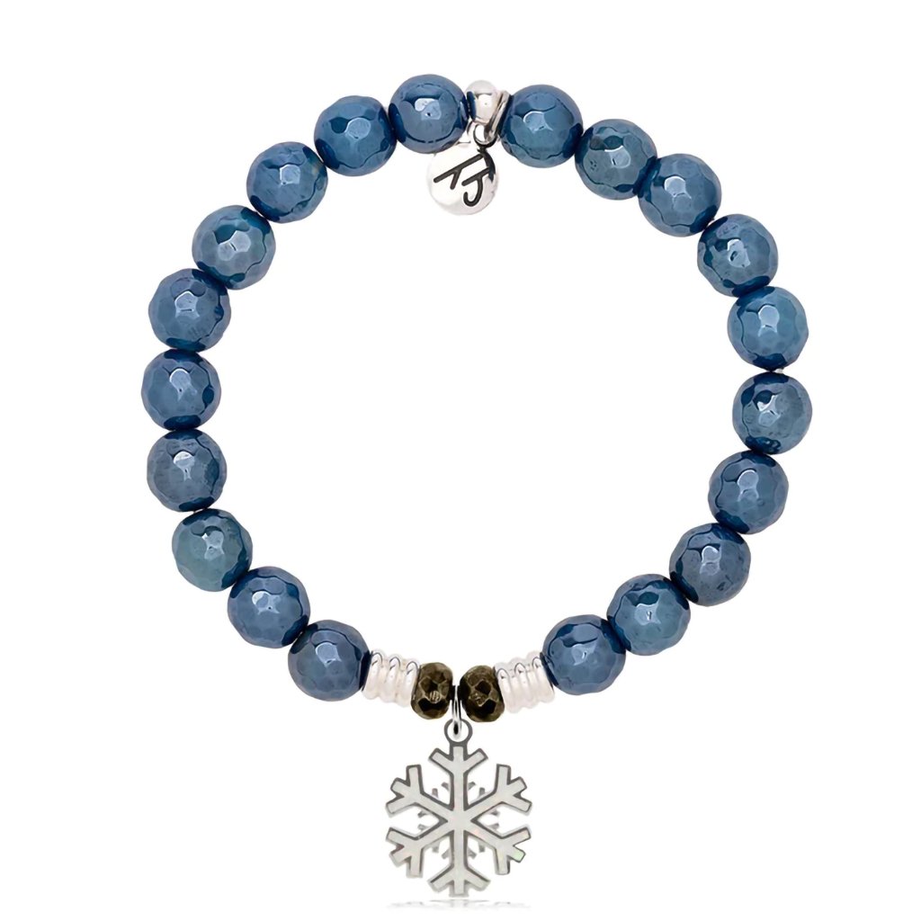 T. Jazelle  Blue Agate Gemstone Bracelet with Snowflake Opal Sterling Silver Charm