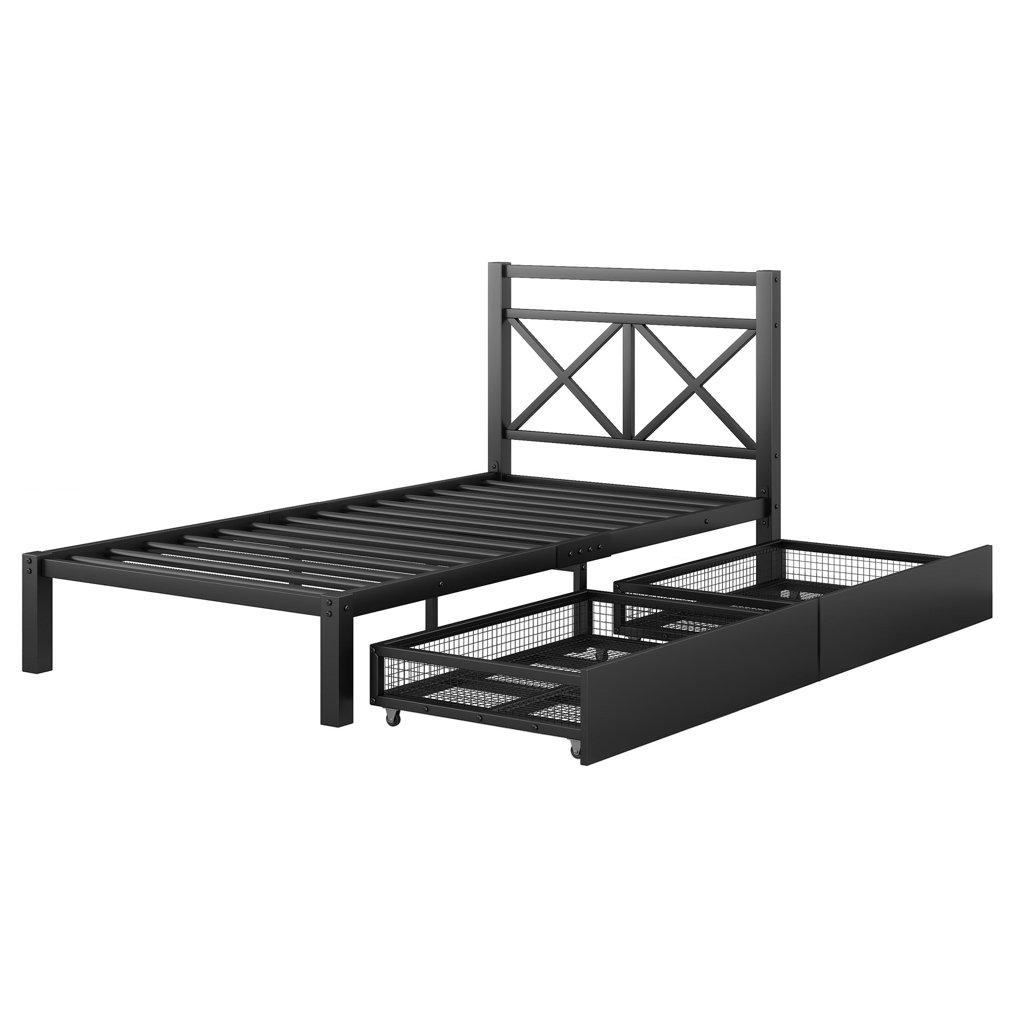 Metal Twin Size Platform Bed with Two Drawers for Kids Room, Black