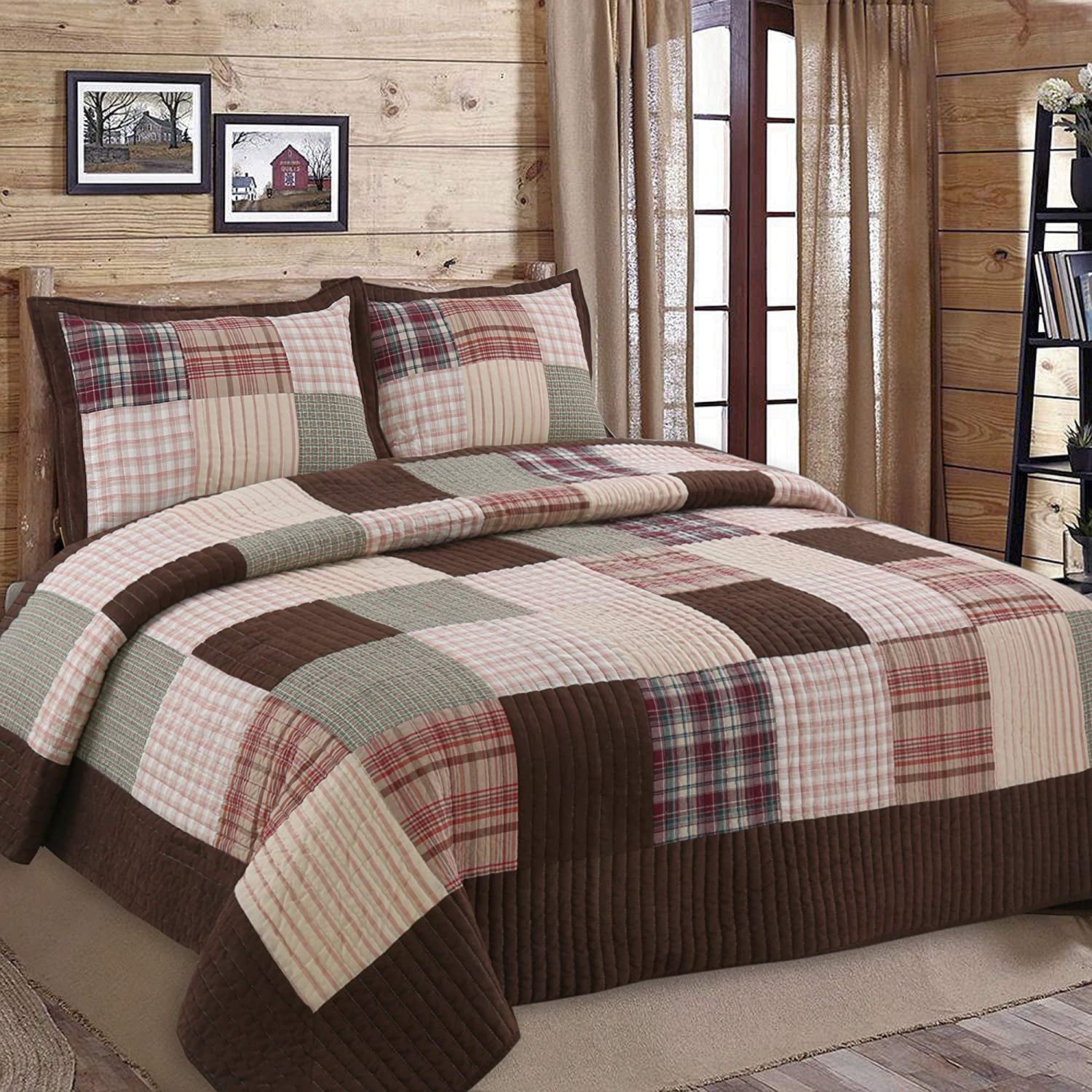 Cozy Line Heidi Chocolate Brown Plaid Grid Striped Real Patchwork 3-Piece Reversible Quilt Set， Queen Set