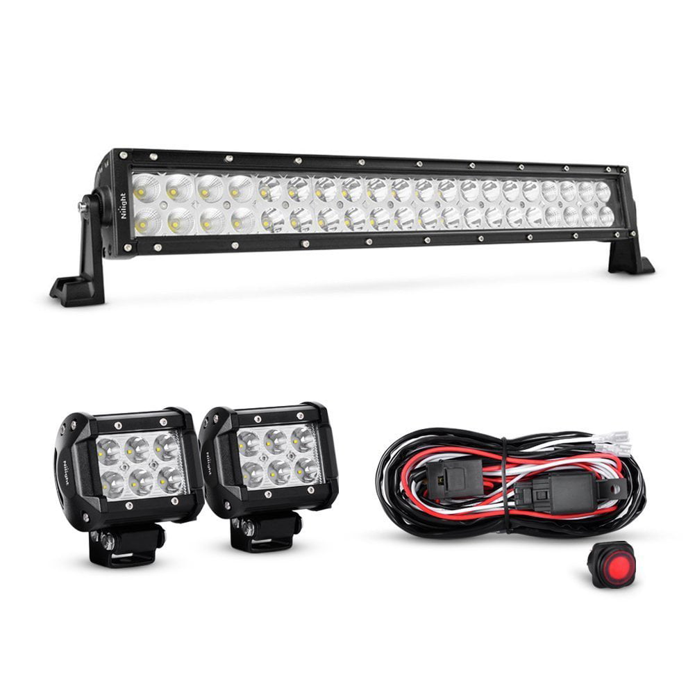 Nilight 22 Inch 120W Spot Flood Combo Led Light Bar 2PCS 4 Inch 18W Spot LED Driving Lights， Off Road Wiring Harness， 2 years Warranty